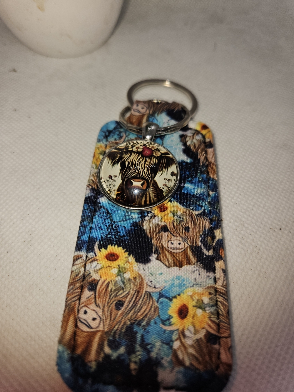 Highland Cow Keychain with Floral Art Lip Balm Holder